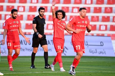 Omar Abdulrahman (No.10) reacts after scoring on his return to action in Shabab Al Ahli’s 3-1 victory over Khor Fakkan in the Adnoc Pro League at Rashid stadium in Dubai. PLC