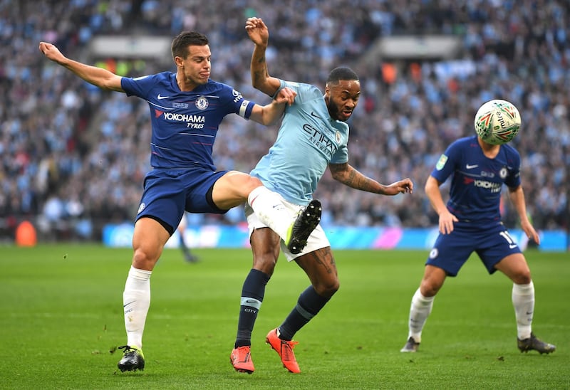 Sterling battles for possession with Azpilicueta. Getty Images