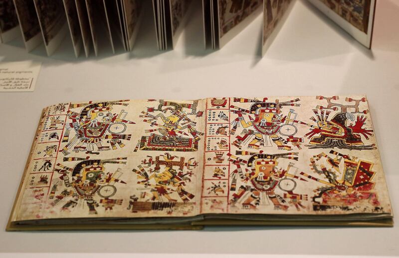 ABU DHABI ,  UNITED ARAB EMIRATES , May 13 – 2019 :- Ancient Mexican artefacts called Codices of Mexico: The Old Books of the New World on display at Qasr Al Watan Library in Abu Dhabi. This one is Codex Cospi , Facsimile of the original , Deer parchment and natural pigments. ( Pawan Singh / The National ) For Arts & Life. Story by Katy Gillett