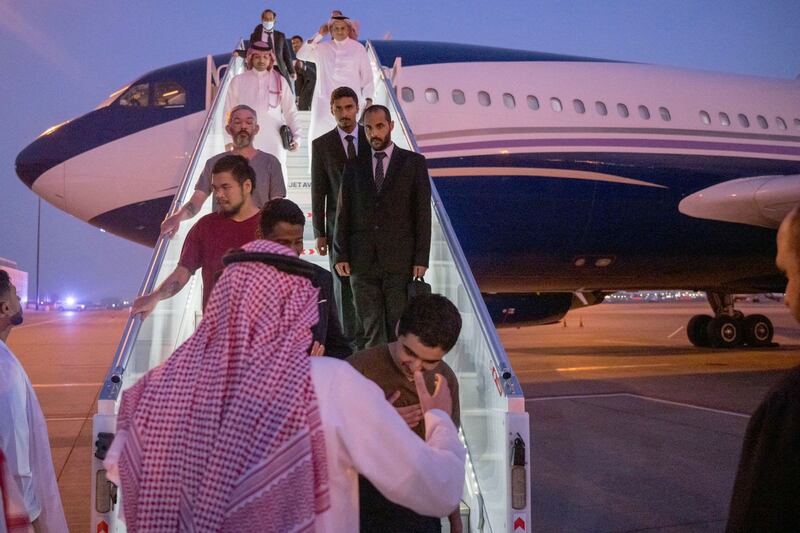 Ten prisoners of war released by Russia arrive at King Khalid International Airport, in Riyadh, Saudi Arabia. Reuters