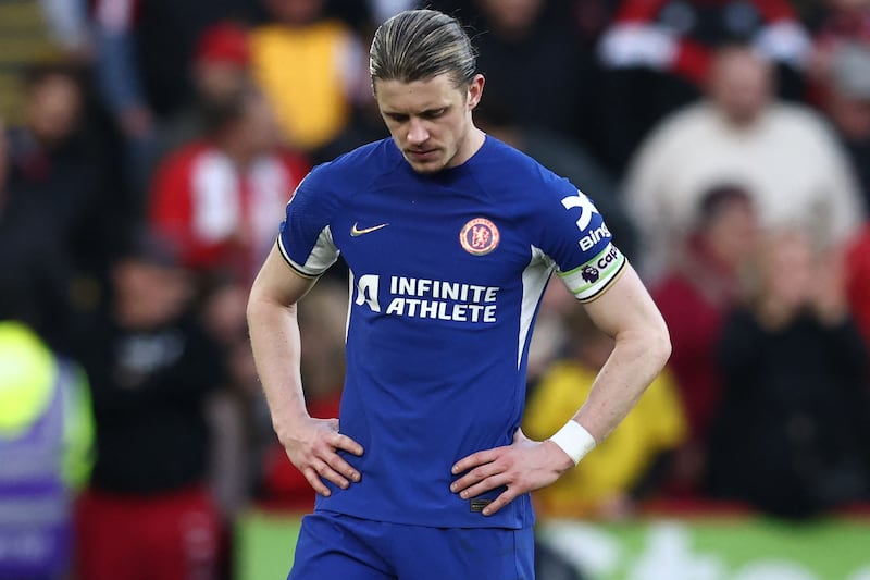 Conor Gallagher reacts after Chelsea concede the second goal. AFP
