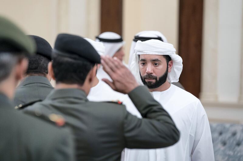 ABU DHABI, UNITED ARAB EMIRATES - November 20, 2019: HH Dr Sheikh Hazza bin Sultan bin Zayed Al Nahyan (R), receives mourners who are offering condolences on the passing of the late HH Sheikh Sultan bin Zayed Al Nahyan, at Al Mushrif Palace.

( Hamad Al Mansoori for the Ministry of Presidential Affairs )
---