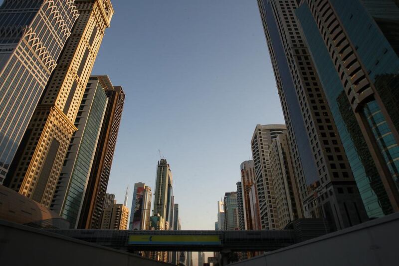 The Dubai Skyline on Sheikh Zayed Road in Dubai. House prices in Dubai rose by an average of 22 per cent in 2013. Pawan Singh / The National