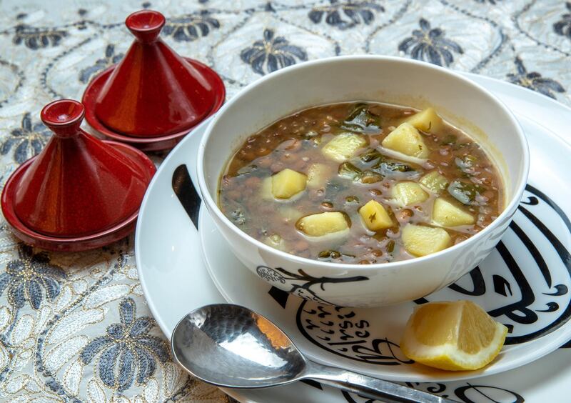 Abu Dhabi, United Arab Emirates, April 10, 2021.  Ramadan Recipes.  Lentil with Swiss Chard Soup.
Victor Besa/The National
Section:  AC
Reporter:  Hanan Sayed Worrell