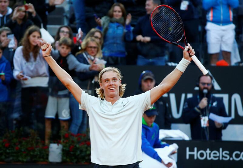 Tennis - ATP World Tour Masters 1000 - Italian Open - Foro Italico, Rome, Italy - May 15, 2018   Canada's Denis Shapovalov celebrates winning his first round match against Czech Republic's Tomas Berdych   REUTERS/Tony Gentile