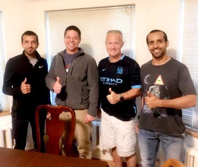 Emirati astronauts Hazza Al Mansouri (right) and Sultan Al Neyadi (left) with Nasa astronauts Doug Hurley (second to right) and Bob Behnken. Courtesy: Maj Al Mansouri 