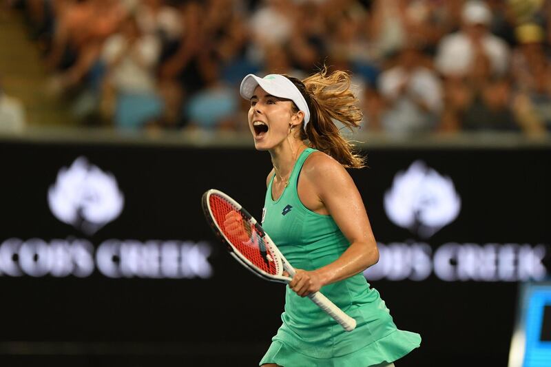 epa06445955 Alize Cornet of France celebrates winning her second round match against Julia Goerges of Germany at the Australian Open Grand Slam tennis tournament in Melbourne, Australia, 17 January 2018.  EPA/LUKAS COCH AUSTRALIA AND NEW ZEALAND OUT
