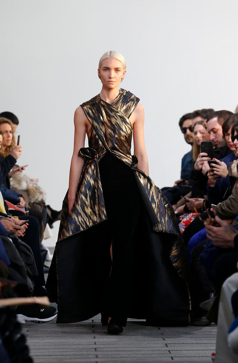 PARIS, FRANCE - JANUARY 21: A model walks the runway during the Maison Rabih Kayrouz Spring Summer 2019 show as part of Paris Fashion Week on January 21, 2019 in Paris, France. (Photo by Thierry Chesnot/Getty Images)