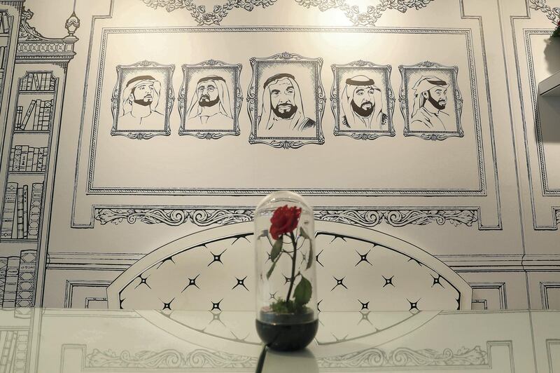 ABU DHABI, UNITED ARAB EMIRATES , Feb 11  – 2020 :- Inside view of the Forever Rose Café at The Galleria on Al Maryah Island in Abu Dhabi. 2D illustrations of the Sheikh Zayed bin Sultan Al Nahyan and other Sheikhs painted on the walls of the café.  (Pawan  Singh / The National) For Lifestyle. Story by Saeed