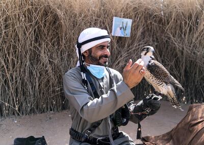 DUBAI, UNITED ARAB EMIRATES.  1 MARCH 2021. 
A falconer at the cultural tent by Mohammed Bin Rashid Cultural Center in Bastakiya district in Bur Dubai.
Photo: Reem Mohammed / The National
Reporter: Kelly