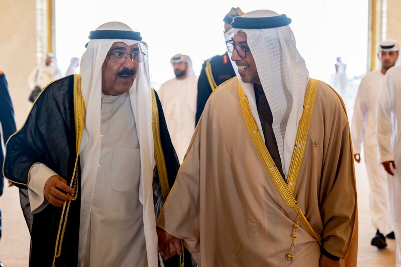 Sheikh Meshal was bid farewell by Sheikh Mansour at the end of his visit. Hamad Al Kaabi / UAE Presidential Court