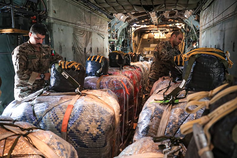 Humanitarian aid before being dropped from a military aircraft. AFP