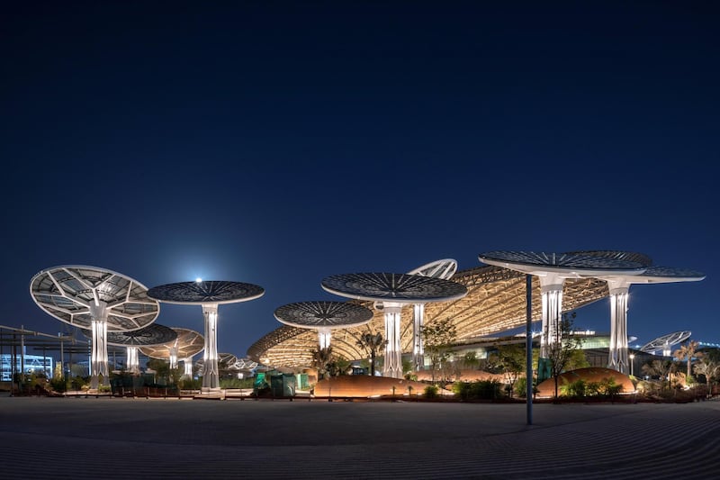 DUBAI, OCTOBER 01 2020: General view of the Sustainability Pavilion at night. (Photo by Dany Eid/Expo 2020)