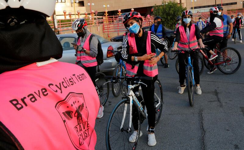 Members of the Brave team prepare to start their tour in Jeddah, which took place ahead of International Women's Day. AP