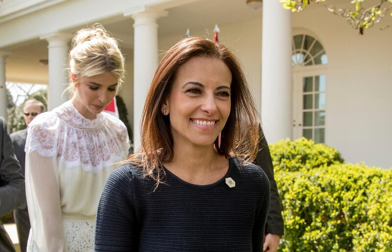 FILE - In this April 5, 2017 file photo, then White House Senior Counselor for Economic Initiatives Dina Powell, followed by Ivanka Trump, leaves a news conference in the Rose Garden at the White House in Washington. President Donald Trump says former aide Dina Powell is under consideration to replace departing U.N. Ambassador Nikki Haley.  Powell served as deputy national security adviser to Trump for most of his first year in the White House, departing in mid-January. She previously worked for Goldman Sachs and served in President George W. Bush's administration.  Trump told reporters Tuesday that he has heard his daughter Ivanka Trump's name discussed for the post. He says she'd be "incredible" in the role, but he knows if he selected her, he'd be accused of nepotism. (AP Photo/Andrew Harnik)