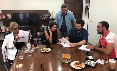 Al Hayba stars during a pre-production reading session. From left to right, Mona Wassef, Cyrine Abdelnour, Samer Al Barkawi, Taim Hassan, and Abdo Chahine