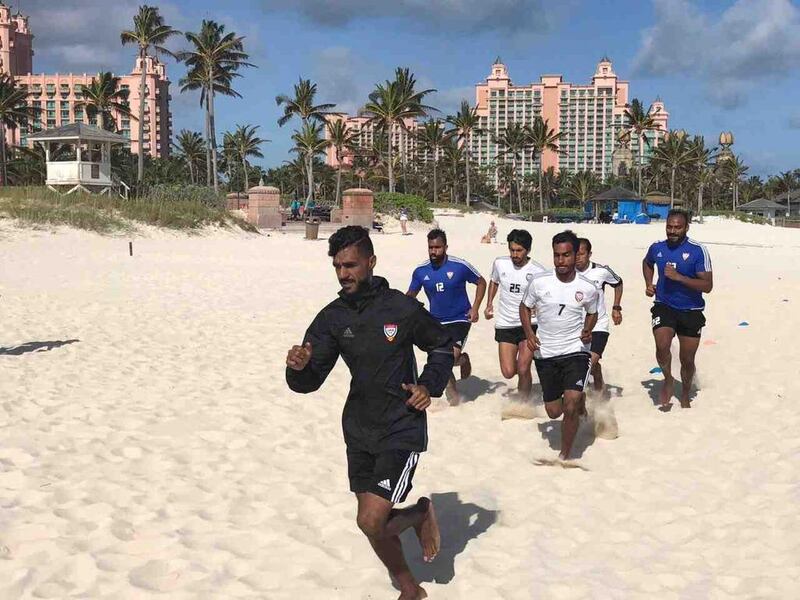 The UAE beach soccer team train near the Atlantis Paradise Island hotel in Nassau, Bahamas, ahead of the Fifa Beach Soccer World Cup. Gary Meenaghan for The National