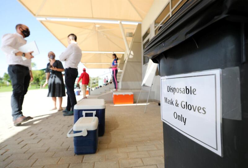 Dubai, United Arab Emirates - Reporter: N/A. News. Coronavirus/Covid-19. A bin is provided for the safe disposal of mask and gloves. Wednesday, October 14th, 2020. The Sevens, Dubai. Chris Whiteoak / The National