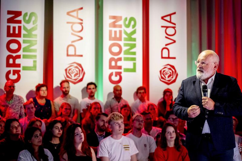 Frans Timmermans speaks at the meeting with party members of Groenlink and the Labour Party (PvdA), in The Hague on Tuesday. EPA