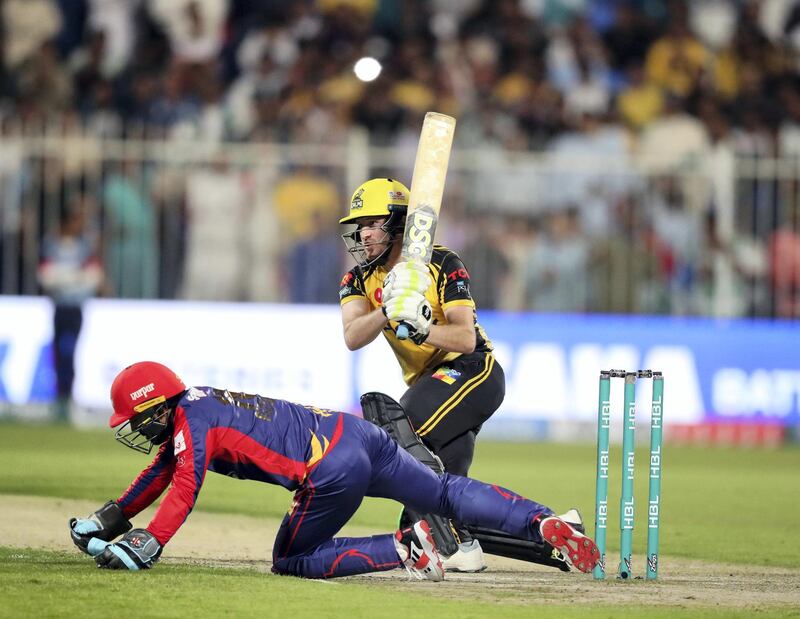 Sharjah, United Arab Emirates - February 21, 2019:  Peshawar's Liam Dawson bats during the game between Peshawar Zalmi and Karachi Kings in the Pakistan Super League. Thursday the 21st of February 2019 at Sharjah Cricket Stadium, Sharjah. Chris Whiteoak / The National