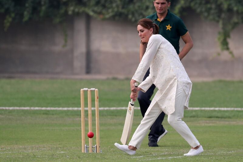 Catherine, Duchess of Cambridge plays cricket during her visit of the National Cricket Academy during day four of their royal tour of Pakistan on Thursday, October 17, 2019 in Lahore, Pakistan. Getty Images