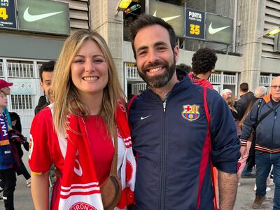 Josep Gimenez and his partner Eva outside Camp Nou for Barcelona v Girona on Monday, April 10, 2023. Photo: Andy Mitten