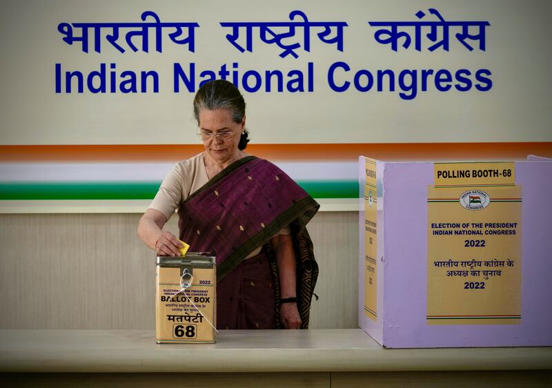 The Congress Party’s interim president Sonia Gandhi casts her vote during the election for party president in New Delhi, India. AP