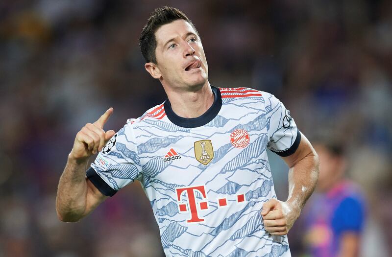 Bayern Munich's Robert Lewandowski celebrates after scoring his first of a brace in the Champions League match against Barcelona at Camp Nou on Tuesday. EPA