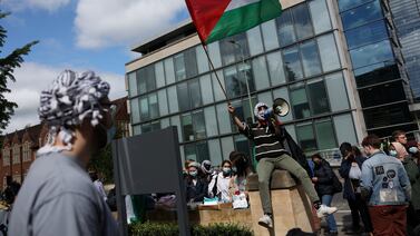 Pro-Palestine protesters gather outside the University of Oxford. Reuters