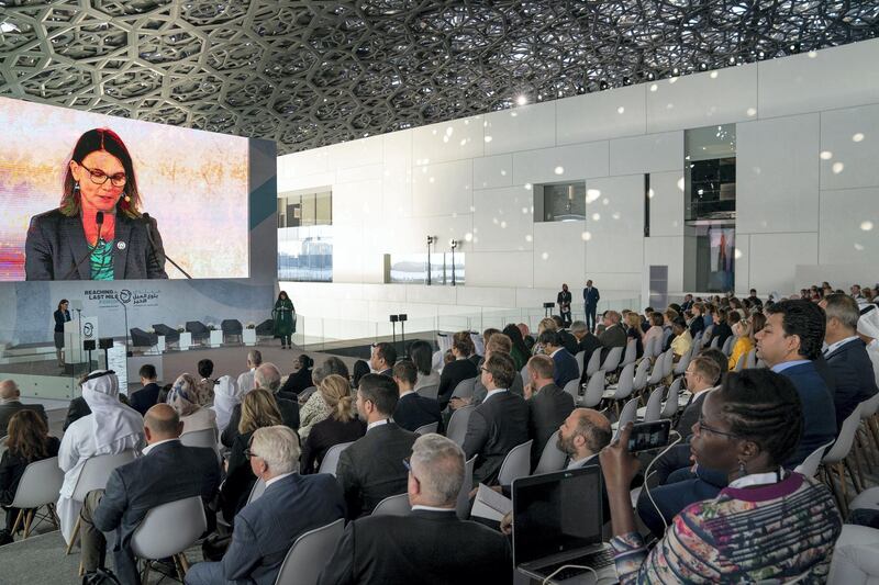 SAADIYAT ISLAND, ABU DHABI, UNITED ARAB EMIRATES - November 19, 2019: Birgit Pickel, Director, Federal Ministry for Economic Cooperation and Development in Germany (on stage L), delivers a speech during the Reaching the Last Mile Forum, at the Louvre Abu Dhabi.

( Eissa Al Hammadi for the Ministry of Presidential Affairs )
---