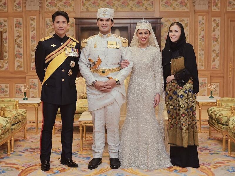 Prince Mateen, left, and his bride-to-be Anisha, far right, at the wedding of Princess Azemah Ni'matul Bolkiah and Prince Bahar ibni Jefri Bolkiah in January. Photo: @tmski / Instagram