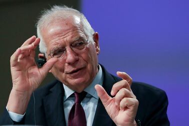 European Union foreign policy chief Josep Borrell addresses a video press conference at EU headquarters in Brussels AP