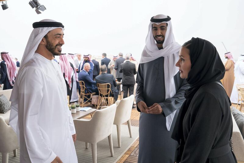 RIYADH, SAUDI ARABIA - December 15, 2018: HH Sheikh Abdullah bin Zayed Al Nahyan UAE Minister of Foreign Affairs and International Cooperation (L) and HH Sheikh Shakboot bin Nahyan bin Mubarak Al Nahyan, UAE Ambassador to Saudi Arabia (2nd L), attend the final day of the 2018 Formula E Saudi Ad Diriyah E-prix.

( Mohamed Al Hammadi / Ministry of Presidential Affairs )
---