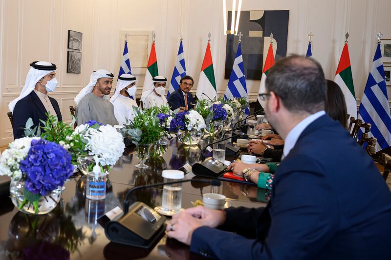 President Sheikh Mohamed; Sheikh Mansour bin Zayed, Deputy Prime Minister and Minister of Presidential Affairs;  Sheikh Zayed bin Mohamed; Ali Al Shamsi, deputy secretary general of the Supreme National Security Council; and Sulaiman Al Mazroui, UAE Ambassador to Greece, attend a meeting at the Maximos Mansion.