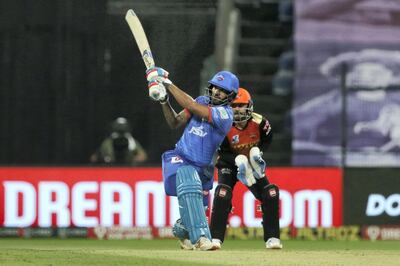 Shikhar Dhawan of Delhi Capitals plays a shot during the qualifier 2 match of season 13 of the Dream 11 Indian Premier League (IPL) between the Delhi Capitals and the Sunrisers Hyderabad at the Sheikh Zayed Stadium, Abu Dhabi in the United Arab Emirates on the 8th November 2020.  Photo by: Vipin Pawar  / Sportzpics for BCCI