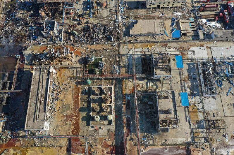 Damaged buildings are seen at the site of a factory explosion in a chemical industrial park in Xiangshui County of Yancheng. Xinhua via AP