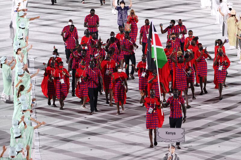 The Kenyan delegation parades during the Opening Ceremony of the Tokyo 2020 Olympic Games.