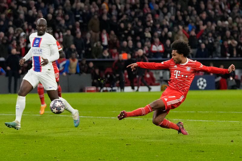 Serge Gnabry scores Bayern's Munich's second goal in their 2-0 last-16 second-leg win over Paris Saint-Germain at the Allianz Arena on March 8, 2023. Bayern won 3-0 on aggregate. AP