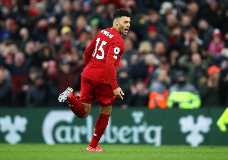 Alex Oxlade-Chamberlain of Liverpool celebrates after scoring his team's first goal against Southampton at Anfield on Saturday. Getty Images
