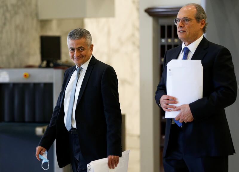 Minister of Finance Youssef Khalil and Deputy Prime Minister Saadeh Al-Shami at the presidential palace in Baabda, Lebanon.  Reuters