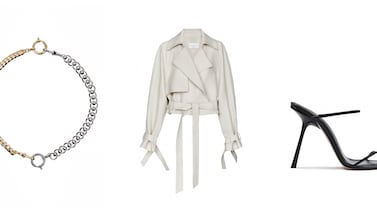 From left, a chain necklace, crop jacket and inclined heel from the Mango and Victoria Beckham collection, now available in-store and online in the UAE. Photo: Mango x VB