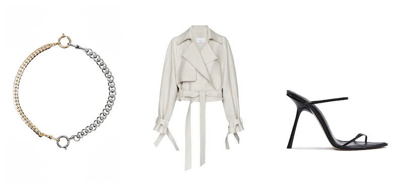 From left, a chain necklace, crop jacket and inclined heel from the Mango and Victoria Beckham collection, now available in-store and online in the UAE. Photo: Mango x VB