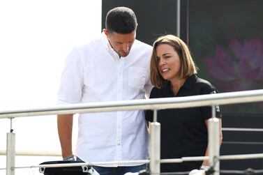 MONZA, ITALY - SEPTEMBER 06: Williams Deputy Team Principal Claire Williams talks with husband Marc Harris before the F1 Grand Prix of Italy at Autodromo di Monza on September 06, 2020 in Monza, Italy. (Photo by Mark Thompson/Getty Images)