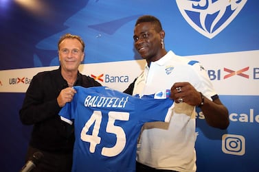 Mario Balotelli poses with Brescia president Massimo Cellino after signing for his hometown club in August. EPA