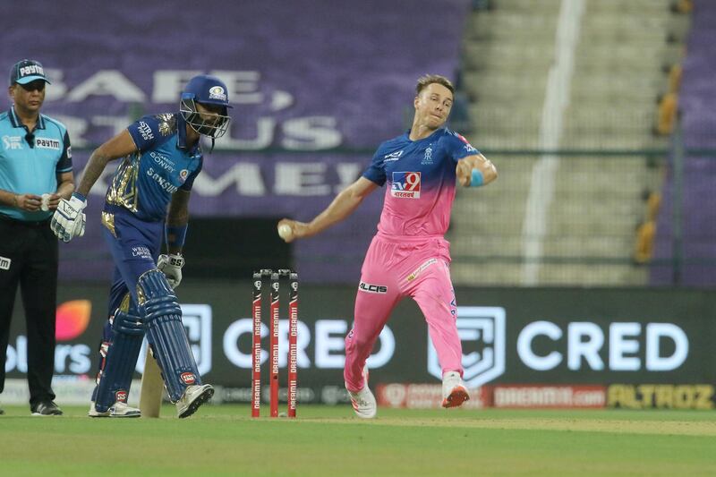 Tom Curran of Rajasthan Royals  bowls during match 20 of season 13 of the Dream 11 Indian Premier League (IPL) between the Mumbai Indians and the Rajasthan Royals at the Sheikh Zayed Stadium, Abu Dhabi  in the United Arab Emirates on the 6th October 2020.  Photo by: Vipin Pawar  / Sportzpics for BCCI