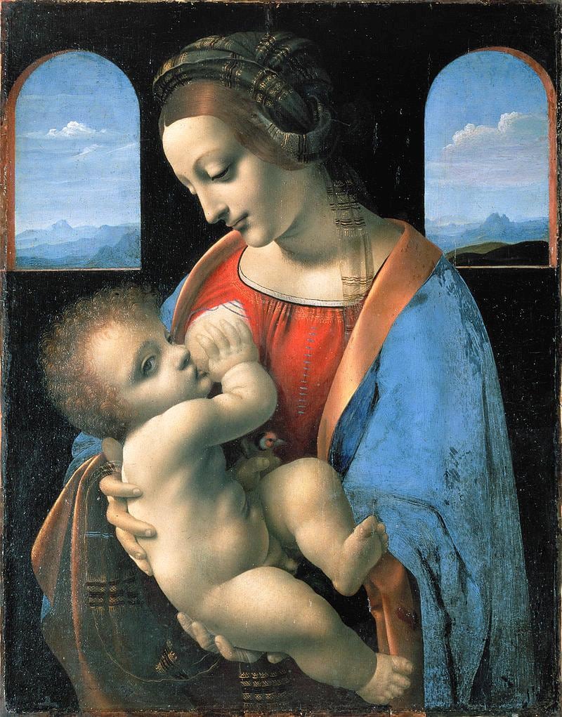 'Madonna Litta' (1490). The 15th-century painting depicts the Virgin Mary breastfeeding Christ as a baby and is housed in the Hermitage Museum in Saint Petersburg