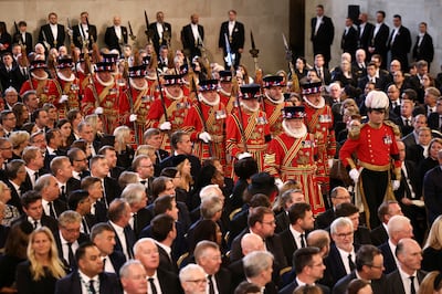 The Yeomen of the Guard march in before the arrival of King Charles III and Queen Consort Camilla at Westminster Hall, London, on Monday. PA