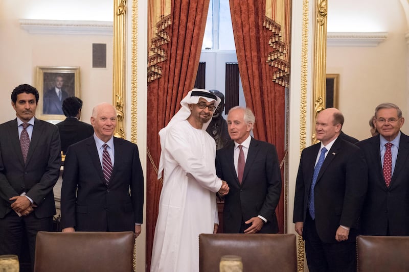 WASHINGTON, DC, UNITED STATES OF AMERICA - May 16, 2017: HH Sheikh Mohamed bin Zayed Al Nahyan, Crown Prince of Abu Dhabi and Deputy Supreme Commander of the UAE Armed Forces (3rd L), stands for a photograph with Bob Corker Chairman of the United States Senate Committee on Foreign Relations and Senator for Tennessee (4th L), prior to a lunch meeting at Capitol Hill. Seen with HE Ali Mohamed Hammad Al Shamsi, Deputy Secretary-General of the UAE Supreme National Security Council (L), Ben Cardin US Senator for Maryland (2nd L), Chris Coons US Senator for Delaware (5th L), and Bob Menendez US Senator for New Jersey (6th L). 
( Rashed Al Mansoori / Crown Prince Court - Abu Dhabi ) *** Local Caption ***  20170516RMC04_8061.JPG