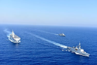 The French Tonnerre helicopter carrier is escorted by Greek and French military vessels during a maritime exercise in the Eastern Mediterranean. Greek National Defence/AP