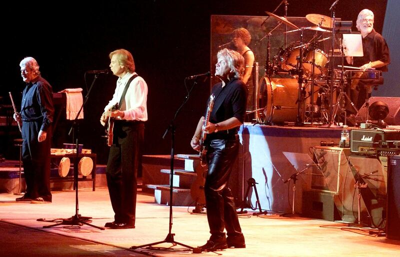 FILE PHOTO: Legendary British rock group "The Moody Blues," L-R, Ray Thomas, Justin Hayward, John Lodge and Graeme Edge, performs during the first of four shows at Le Theatre des Arts at the Paris Las Vegas hotel-casino in Las Vegas, Nevada, U.S. on April 5, 2001.  REUTERS/Ethan Miller/File Photo